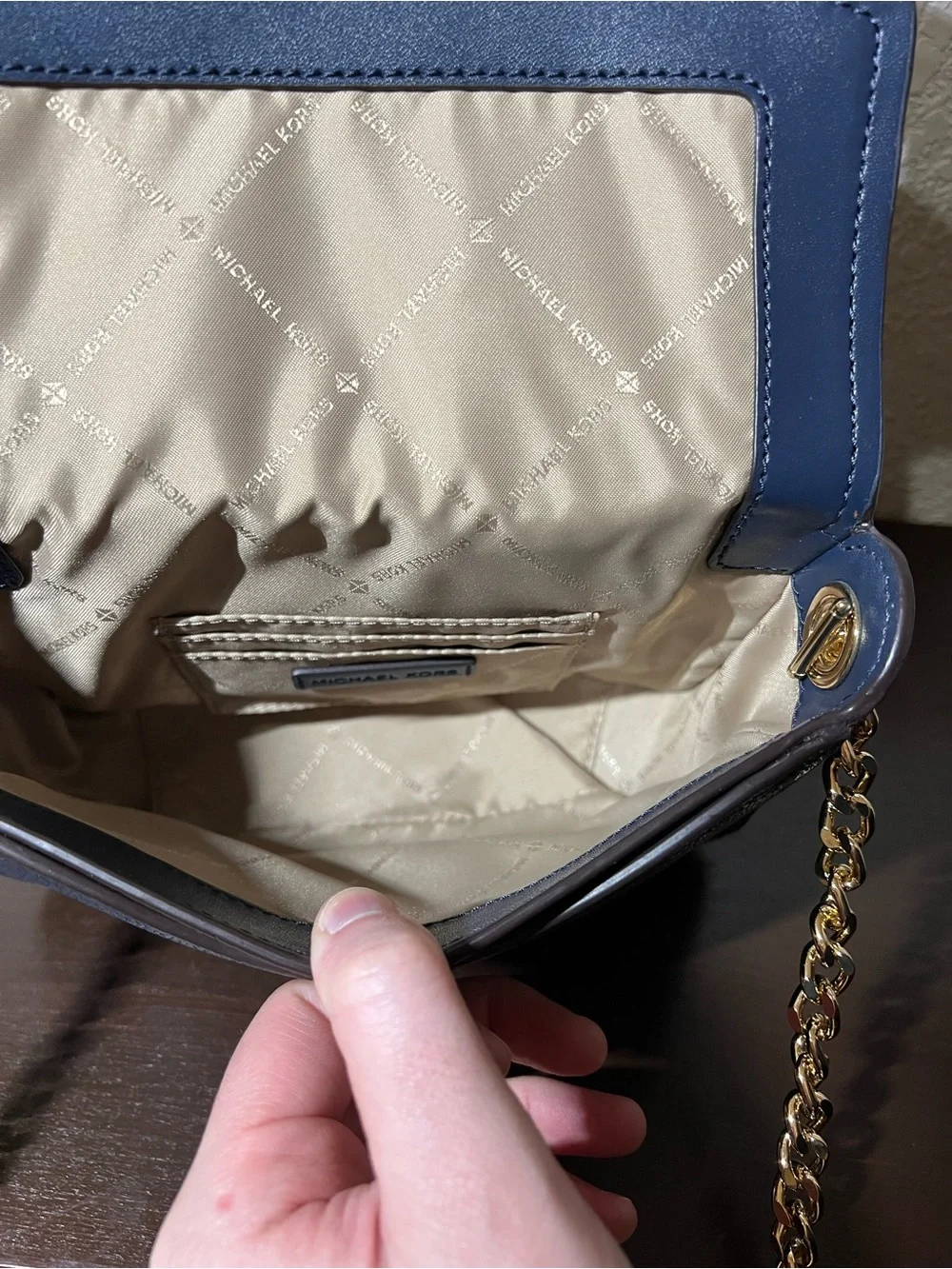 Michael Kors Navy Leather Crossbody with Gold Chain Ring Detail